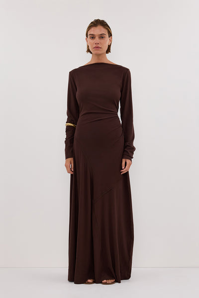 Joanna wearing HADLEY CHOC LONG SLEEVE KNIT MAXI DRESS