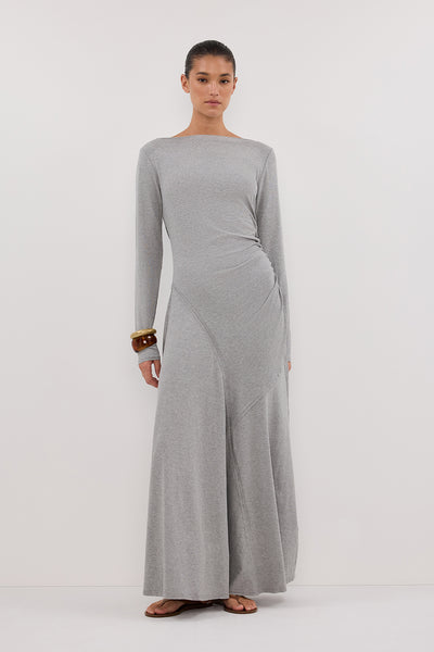 Aude wearing HADLEY SILVER LONG SLEEVE KNIT MAXI DRESS