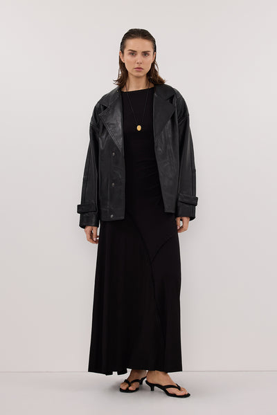 Stas wearing HADLEY BLACK SLEEVELESS KNIT MAXI DRESS