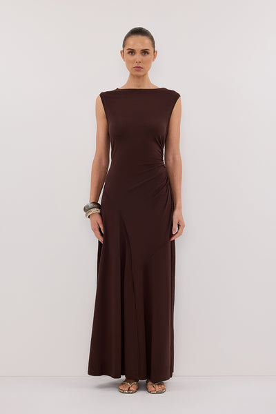 Stas wearing HADLEY CHOC SLEEVELESS KNIT MAXI DRESS