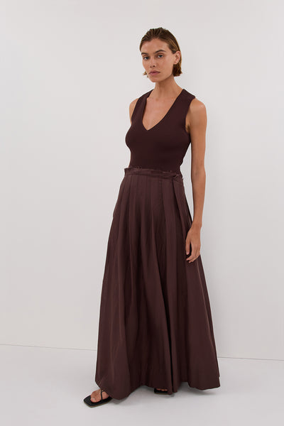 Joanna wearing HOLLY BITTER CHOC HYBRID MIDI DRESS