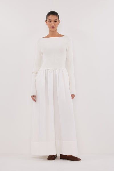 Aude wearing ABIGAIL WHITE HYBRID LONG SLEEVE MIDI DRESS