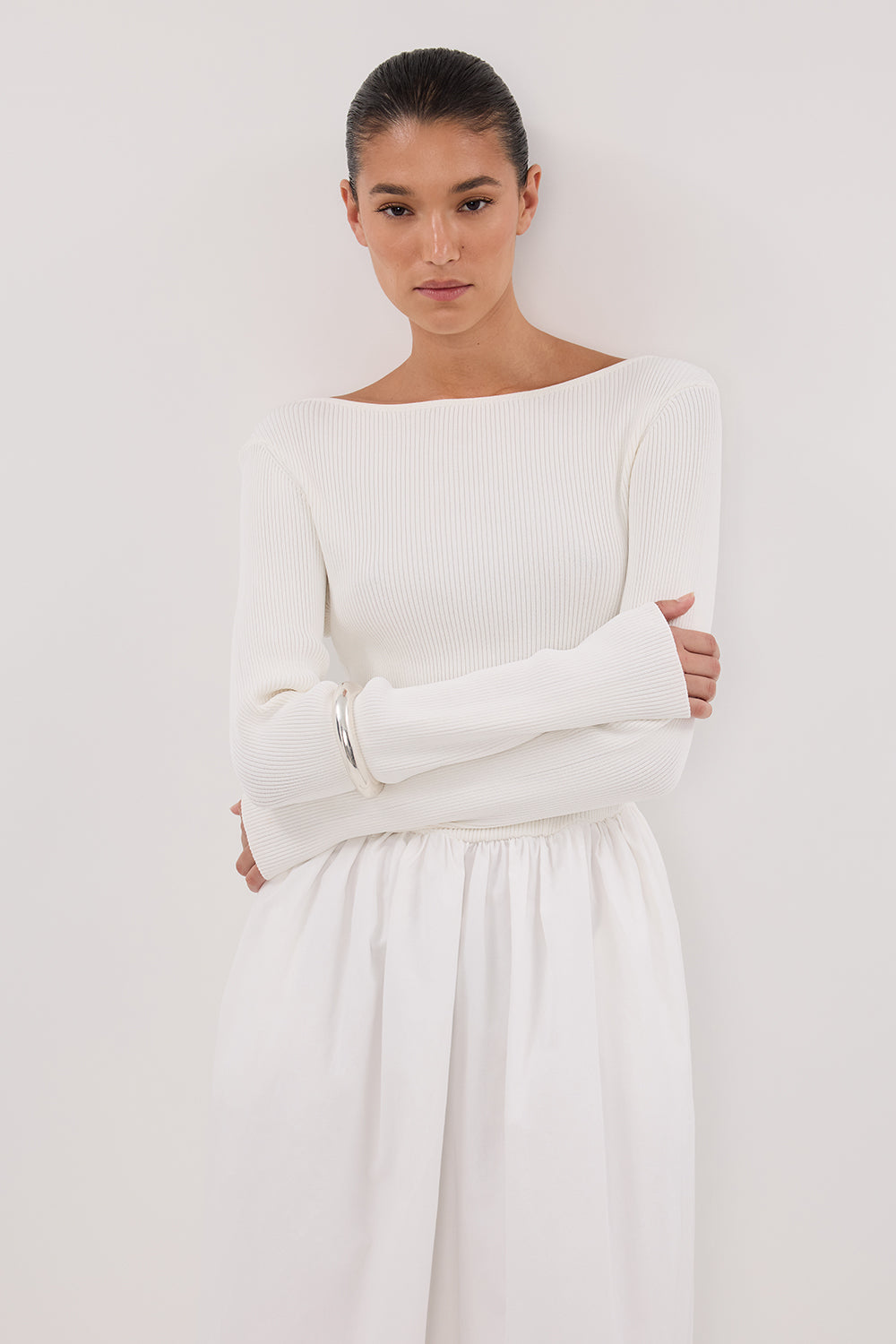 ABIGAIL WHITE HYBRID LONG SLEEVE MIDI DRESS