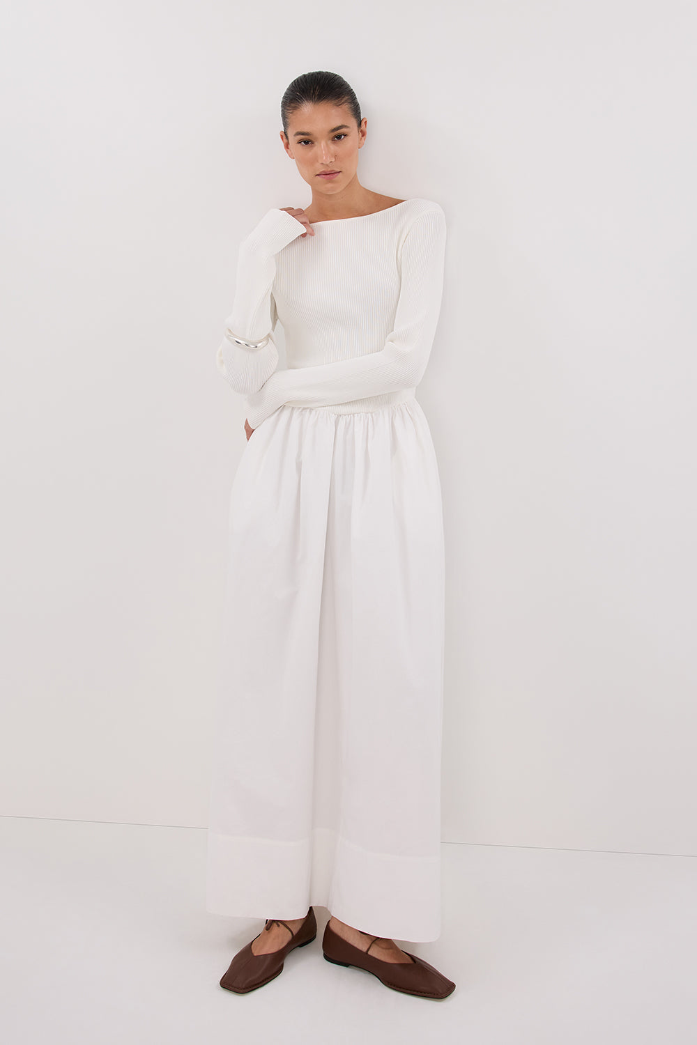 ABIGAIL WHITE HYBRID LONG SLEEVE MIDI DRESS