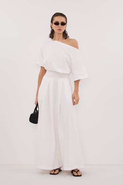 Stas wearing ESME WHITE ASYM MAXI DRESS