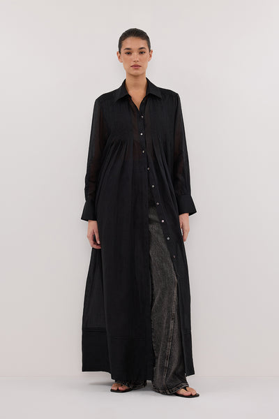 Aude wearing CARMEL BLACK RAMIE SHIRT DRESS
