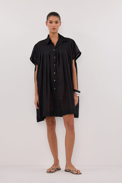 Aude wearing CARMEL BLACK RAMIE MINI DRESS
