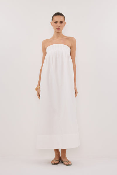 Stas wearing MORGAN WHITE STRAPLESS MIDI DRESS