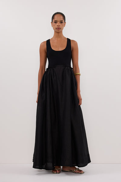 Kristen wearing APRIL BLACK HYBRID KNIT MIDI DRESS