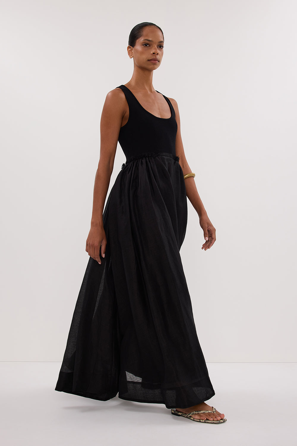 April Hybrid Knit Sleeveless Midi Dress in Black By DISSH April Hybrid Knit Sleeveless Midi Dress in Black By DISSH