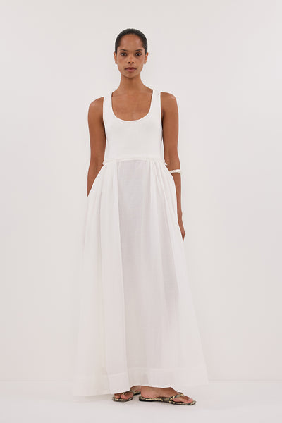 Kristen wearing APRIL WHITE HYBRID KNIT MIDI DRESS