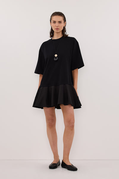 Stas wearing NOAH BLACK SHORT SLEEVE RUFFLE MINI DRESS