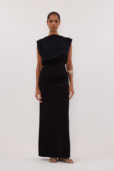 Kristen wearing LIORA BLACK SLEEVELESS MAXI DRESS