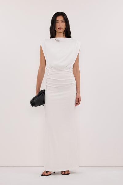 Zoey wearing LIORA WHITE SLEEVELESS MAXI DRESS