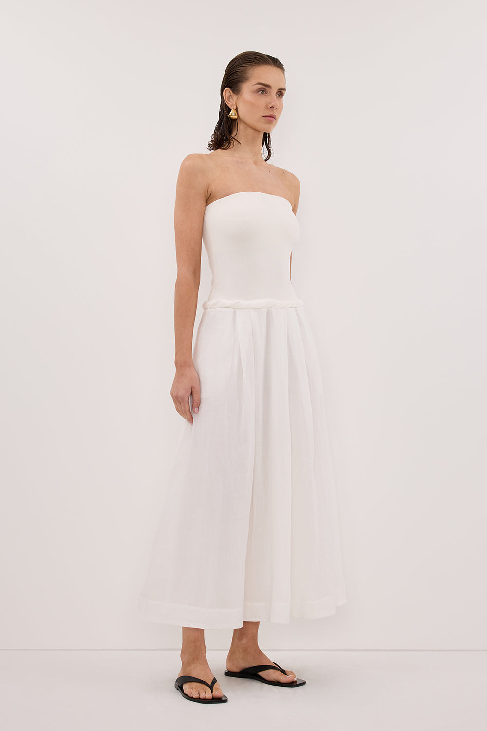 dissh white ribbed dress Meg Sleeveless Knit Midi Dress in Off White By DISSH