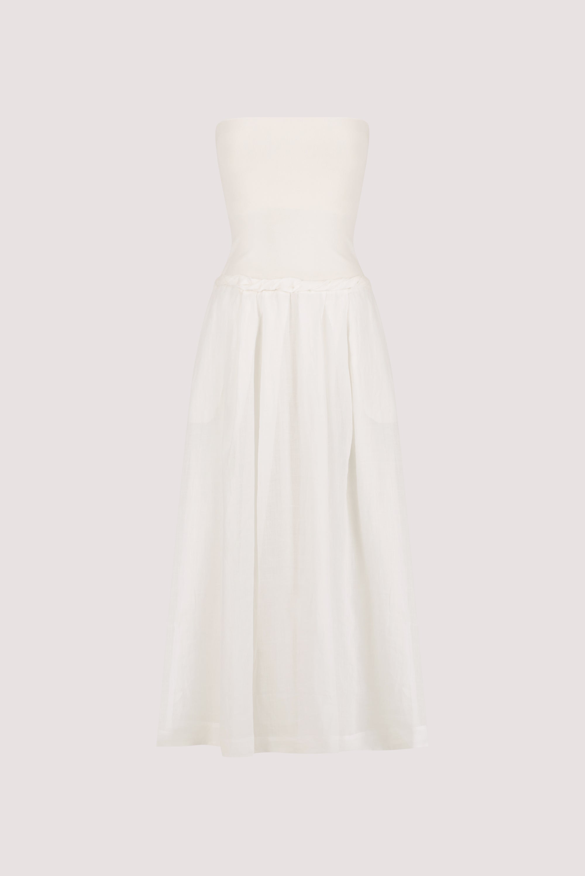 Coco Strapless Hyrbid Midi Dress in White By DISSH Coco Strapless Hyrbid Midi Dress in White By DISSH