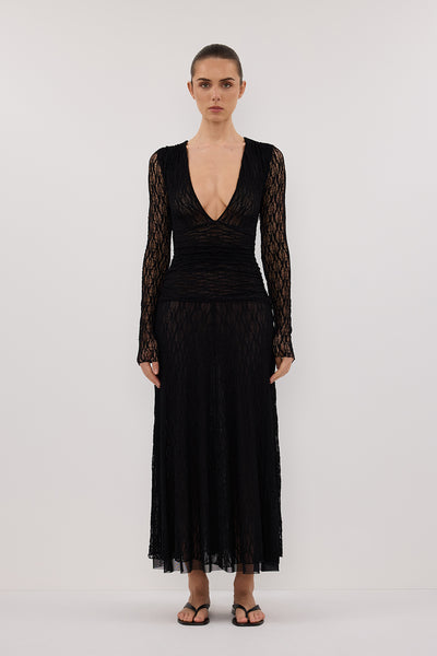 Stas wearing LIZZIE BLACK LACE LONG SLEEVE MAXI DRESS