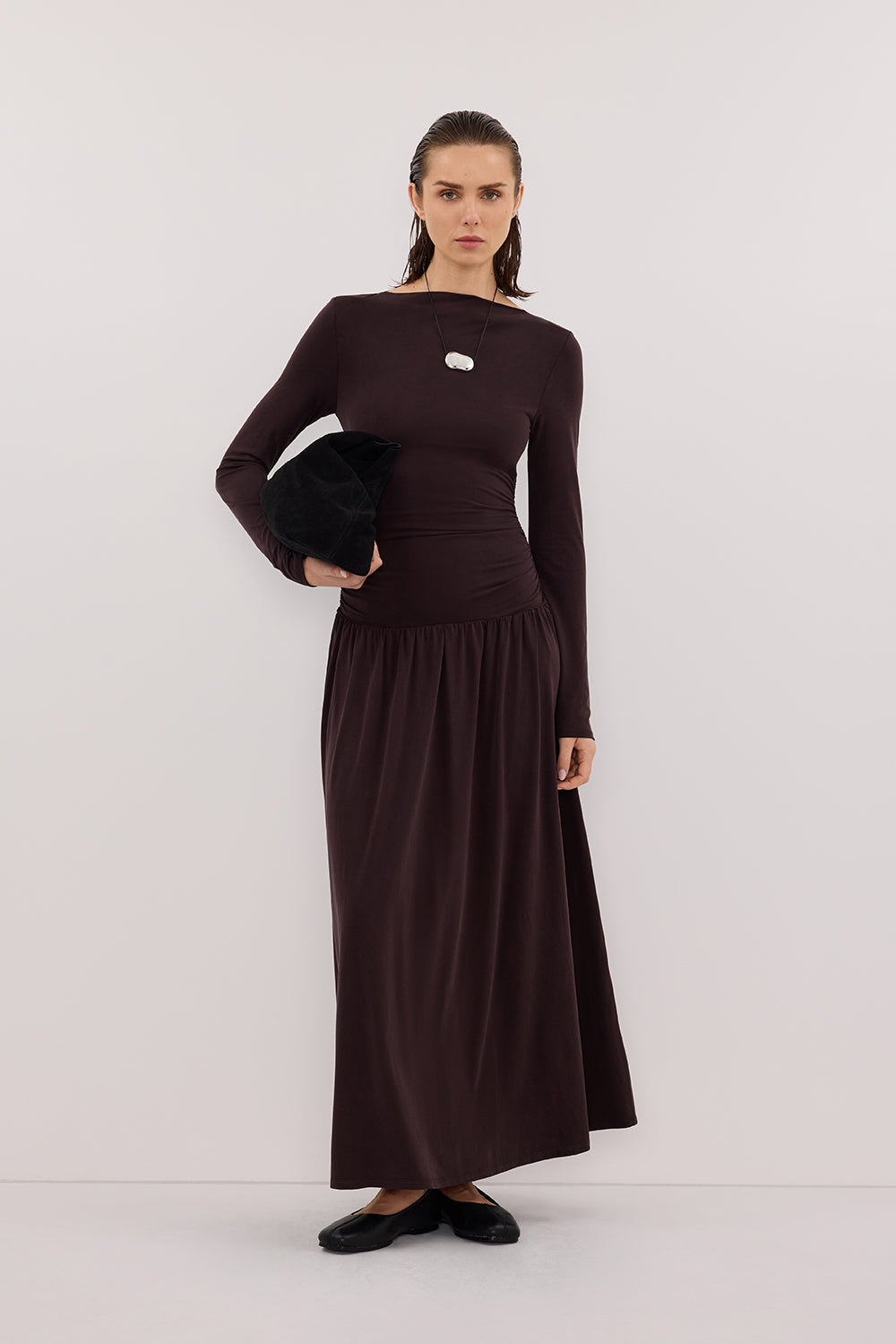 MEG BURNT CHOC LONG SLEEVE MIDI DRESS