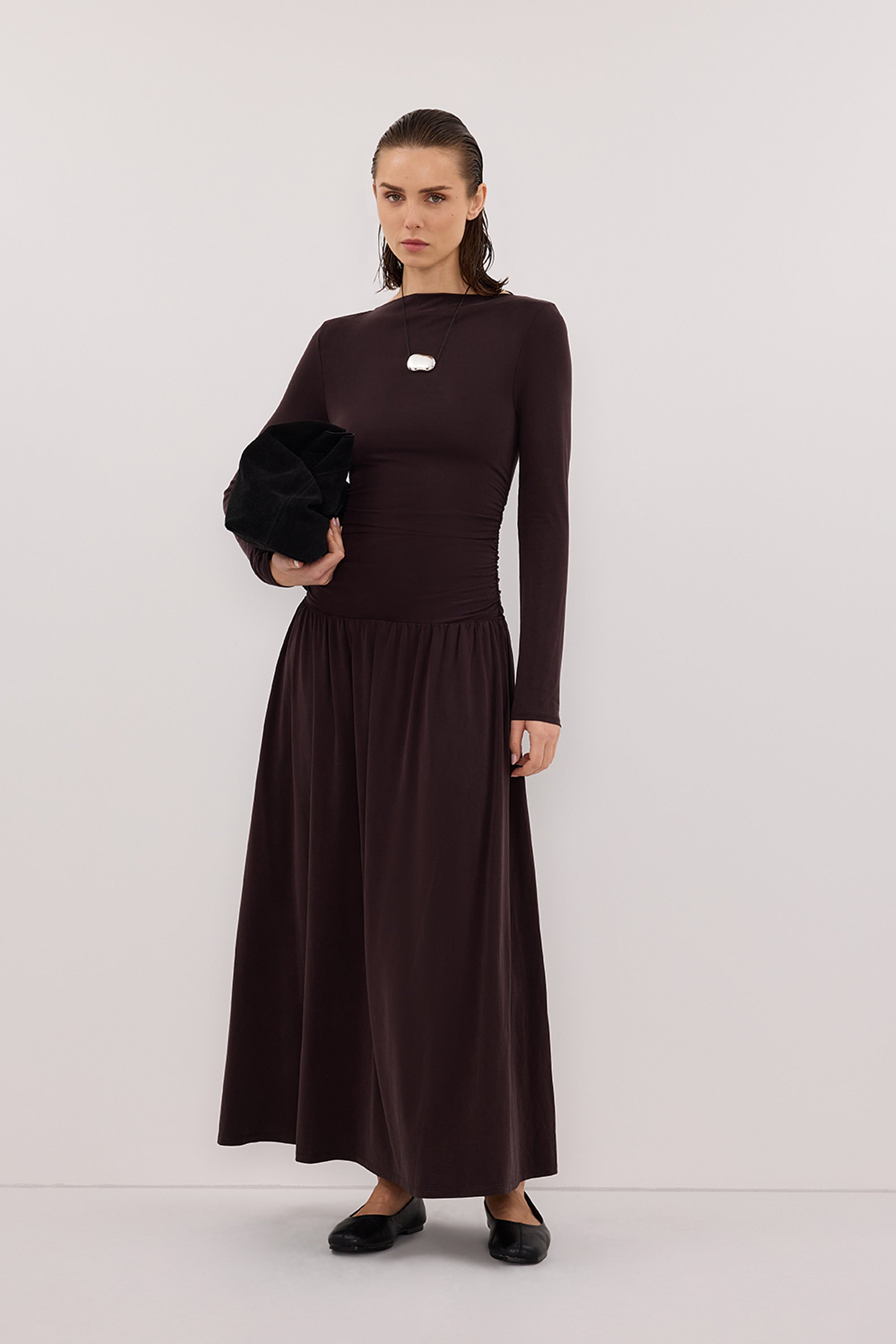 Meg Long Sleeve Knit Midi Dress in Burnt Choc By DISSH