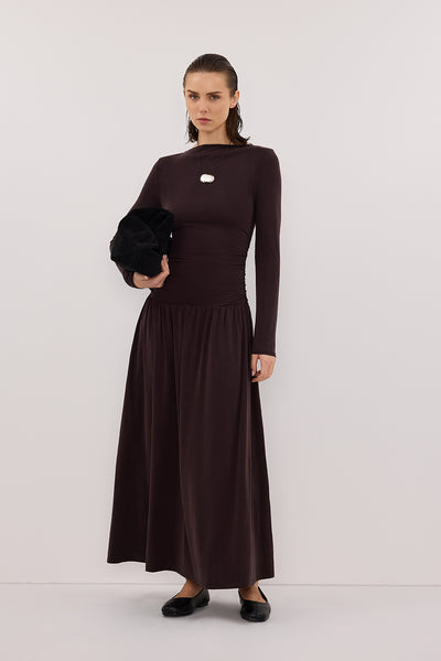 long sleeve dress midi Pink Open Back with L / Black The high neckline stuns in ruffled details and pairs perfectly with the long bishop sleeves Meg Long Sleeve Knit Midi