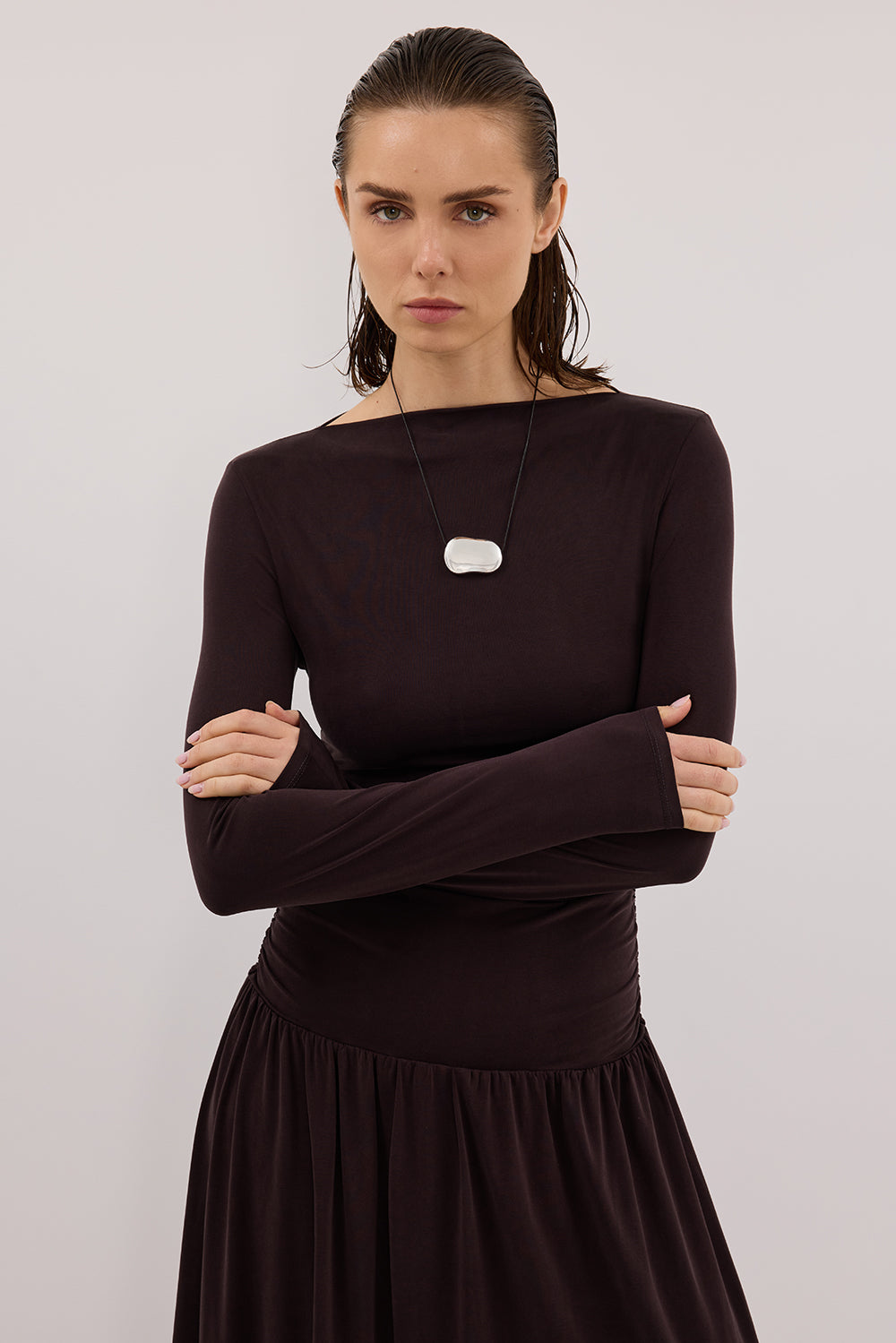 MEG BURNT CHOC LONG SLEEVE KNIT MIDI DRESS