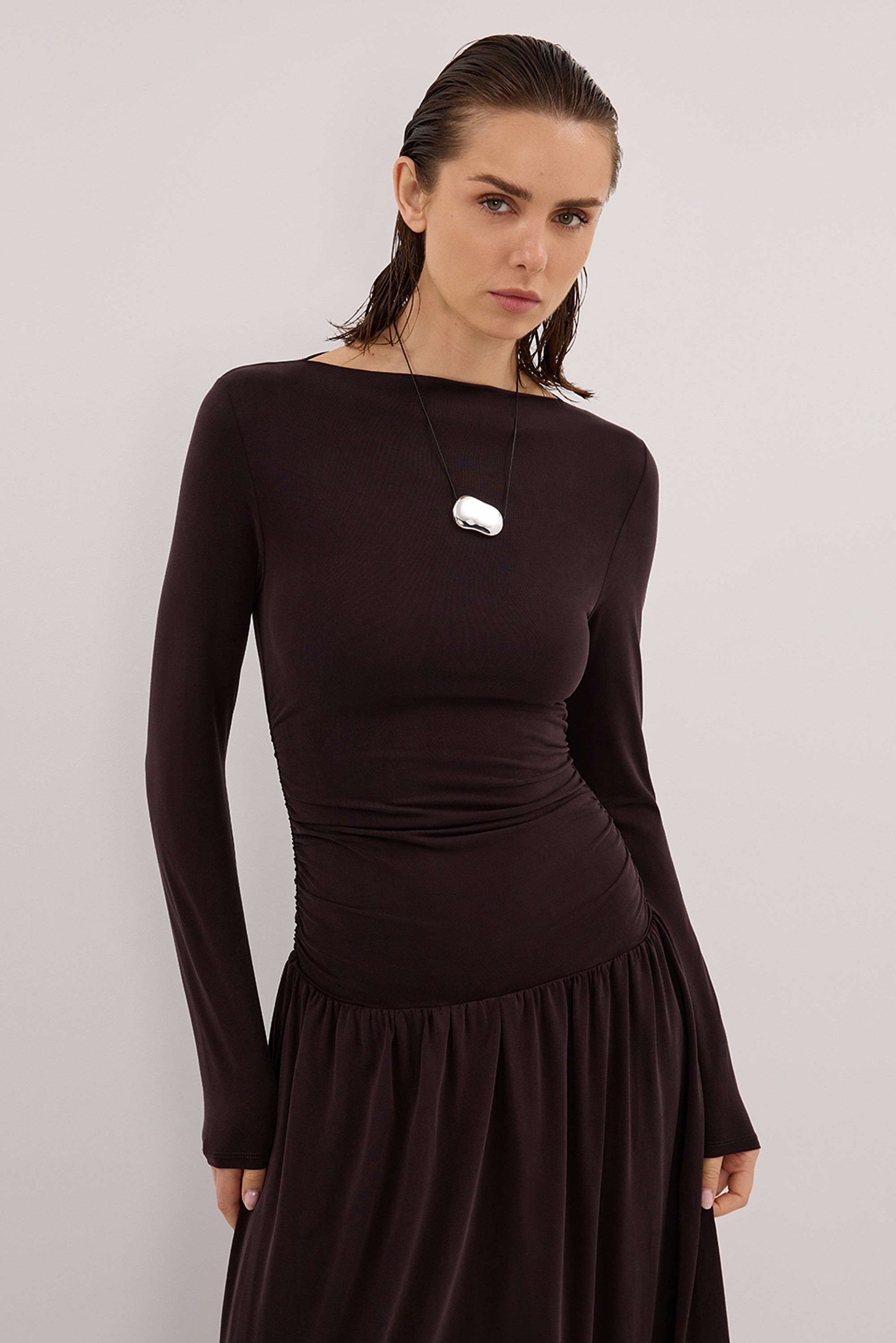 Meg Long Sleeve Knit Midi Dress in Burnt Choc By DISSH Meg Long Sleeve Knit Midi Dress in Burnt Choc By DISSH
