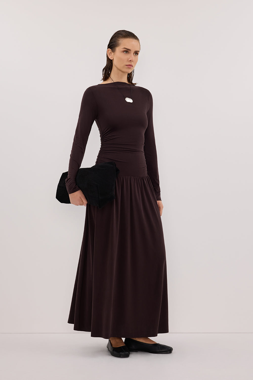 MEG BURNT CHOC LONG SLEEVE KNIT MIDI DRESS