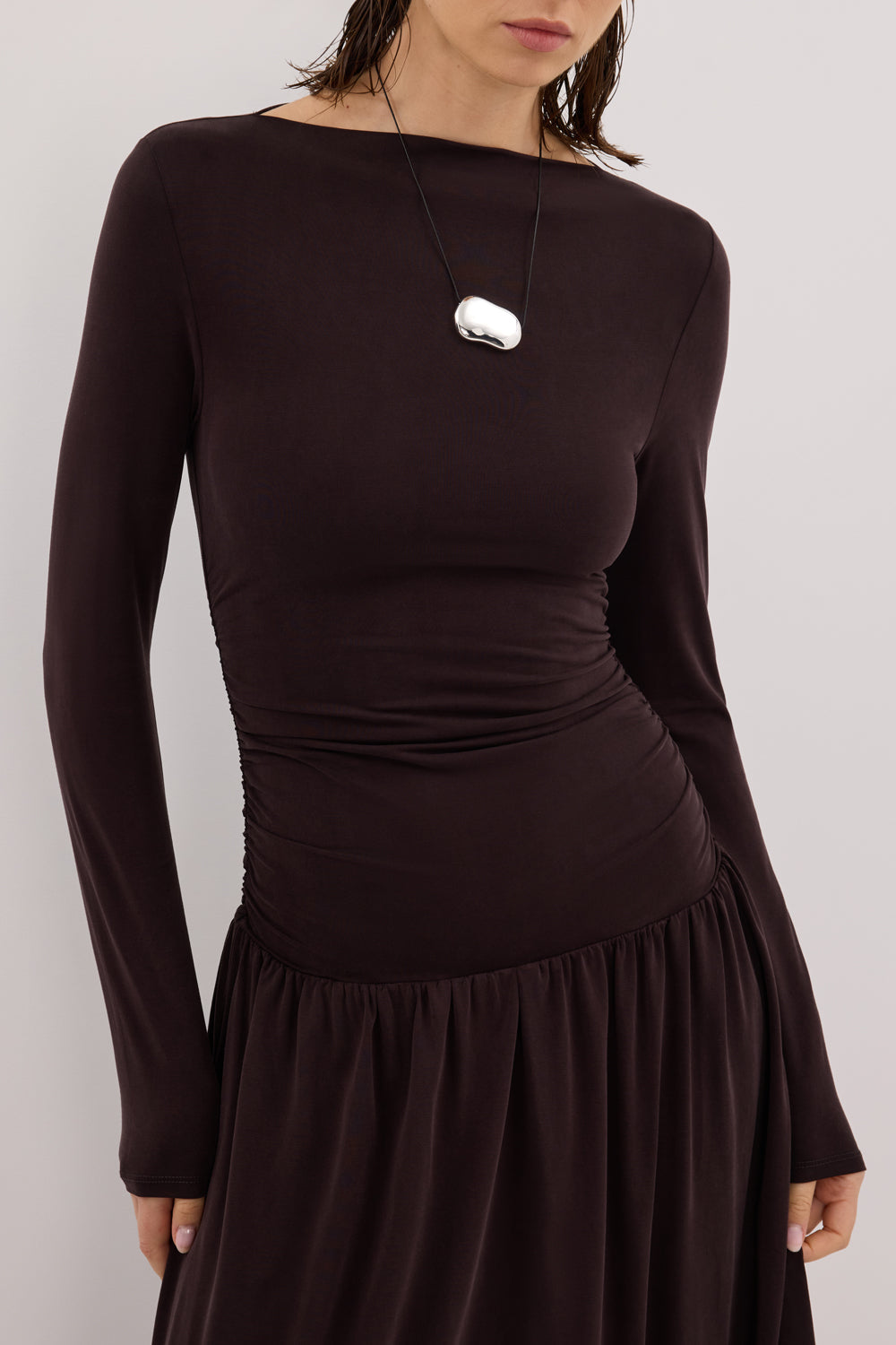 MEG BURNT CHOC LONG SLEEVE KNIT MIDI DRESS