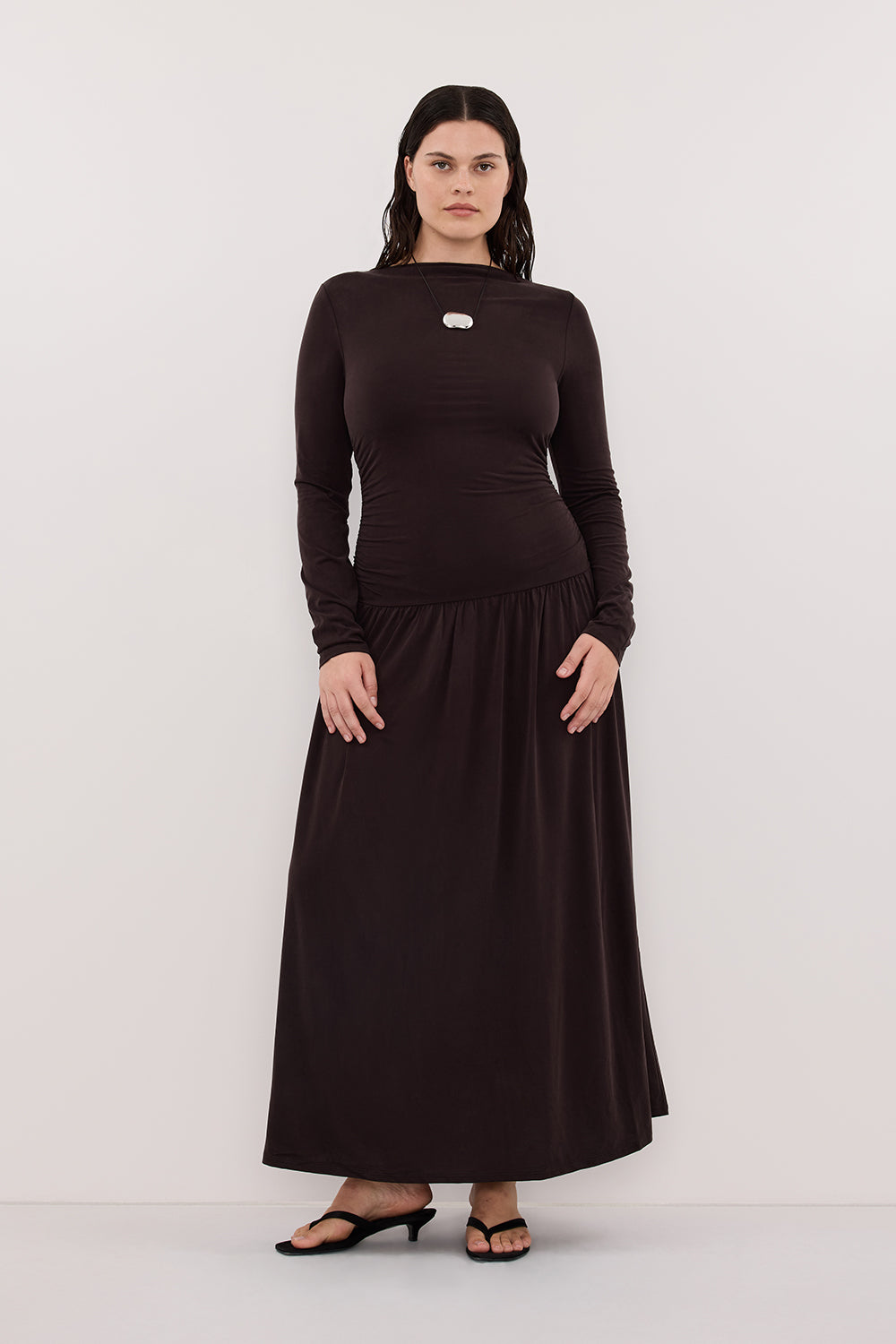 MEG BURNT CHOC LONG SLEEVE KNIT MIDI DRESS