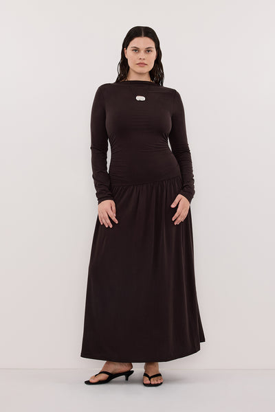 Jasmine wearing MEG BURNT CHOC LONG SLEEVE KNIT MIDI DRESS