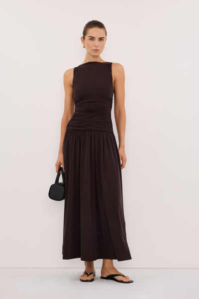 Stas wearing MEG BURNT CHOC SLEEVELESS KNIT MIDI DRESS