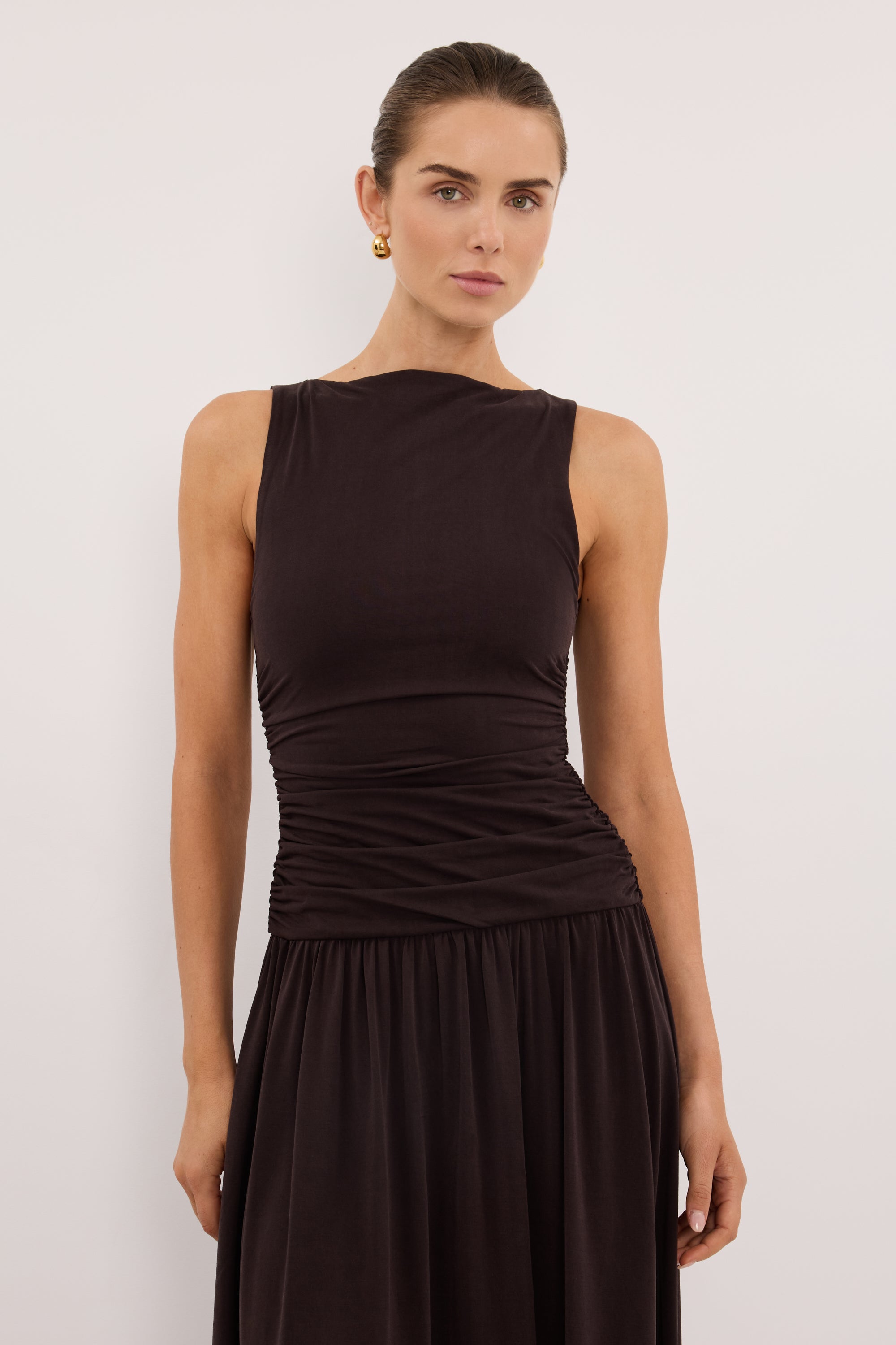 MEG BURNT CHOC SLEEVELESS KNIT MIDI DRESS