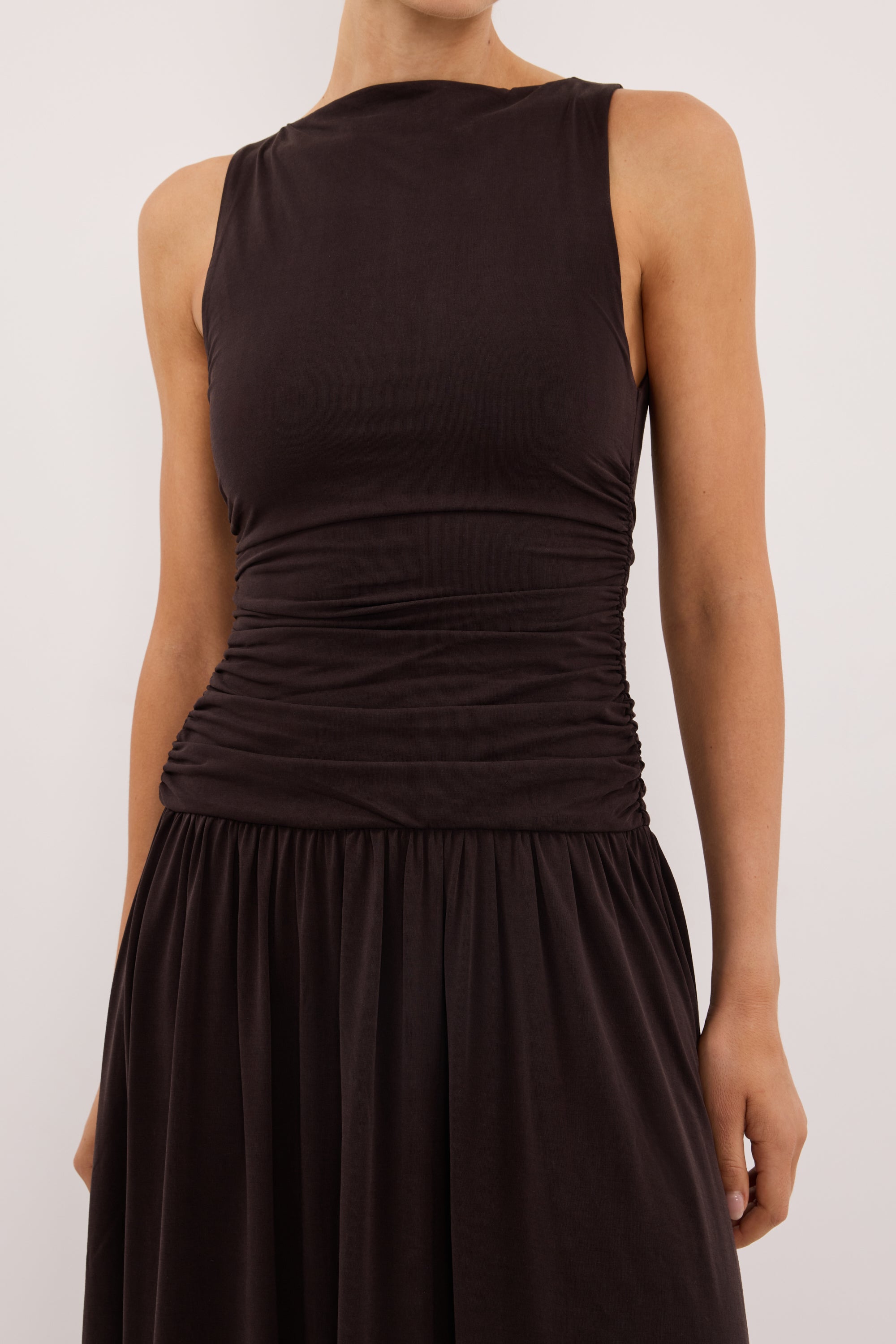 MEG BURNT CHOC SLEEVELESS KNIT MIDI DRESS