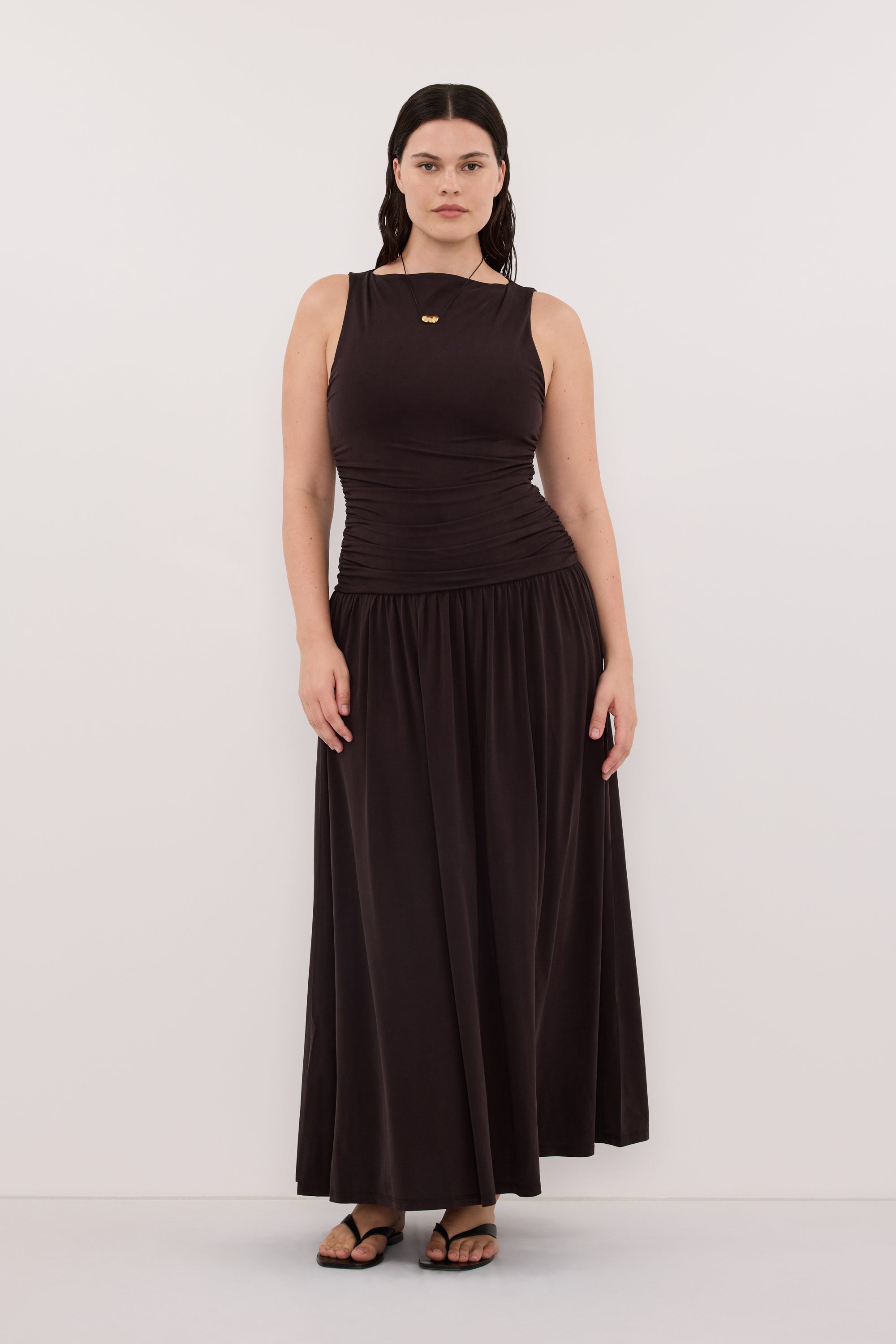 MEG BURNT CHOC SLEEVELESS KNIT MIDI DRESS