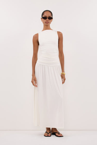 dissh off shoulder dress Meg Sleeveless Knit Midi Dress in Off White By DISSH