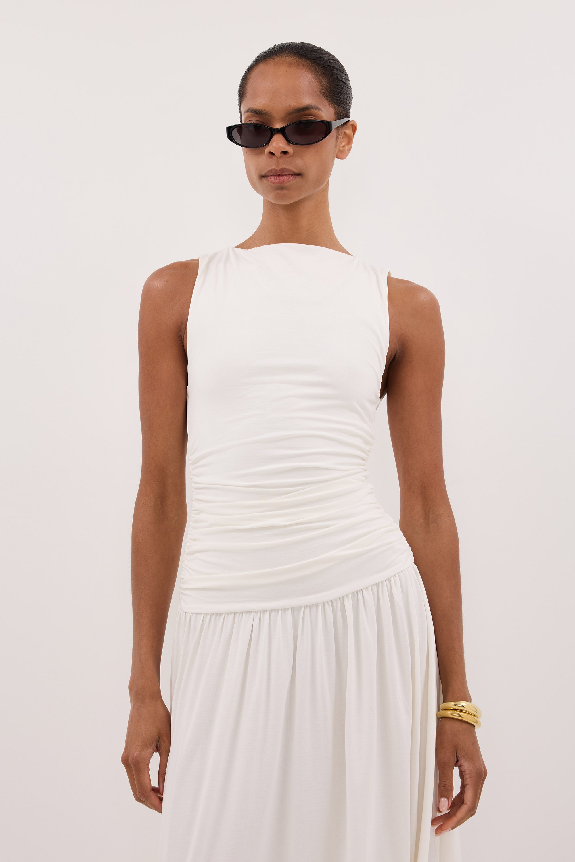Meg Sleeveless Knit Midi Dress in Off White By DISSH Meg Sleeveless Knit Midi Dress in Off White By DISSH