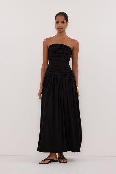 Kristen wearing SHARI BLACK STRAPLESS BANDEAU MIDI DRESS