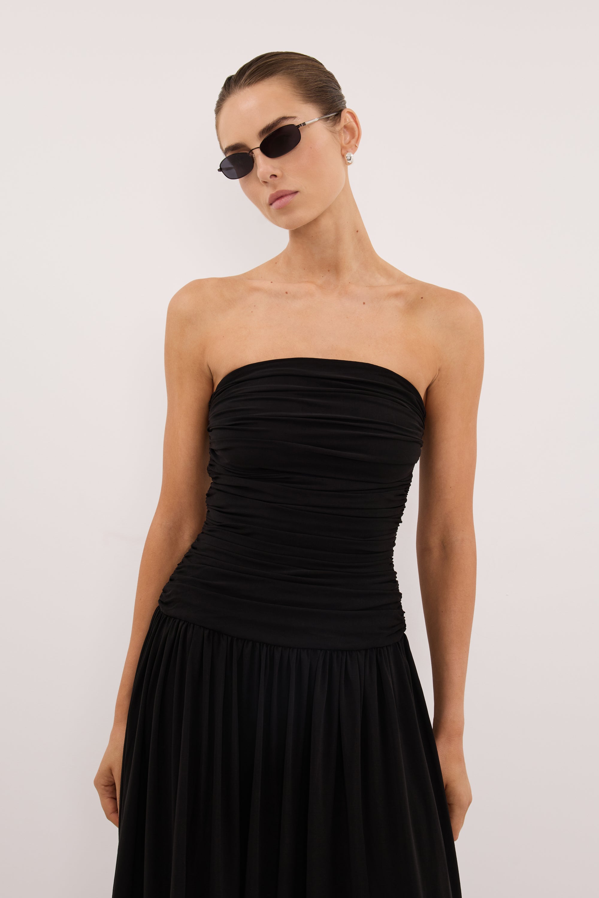 knee length dresses for ladies Drea Black Leather Look Ruched Bandeau Midi Dress – Get That Trend