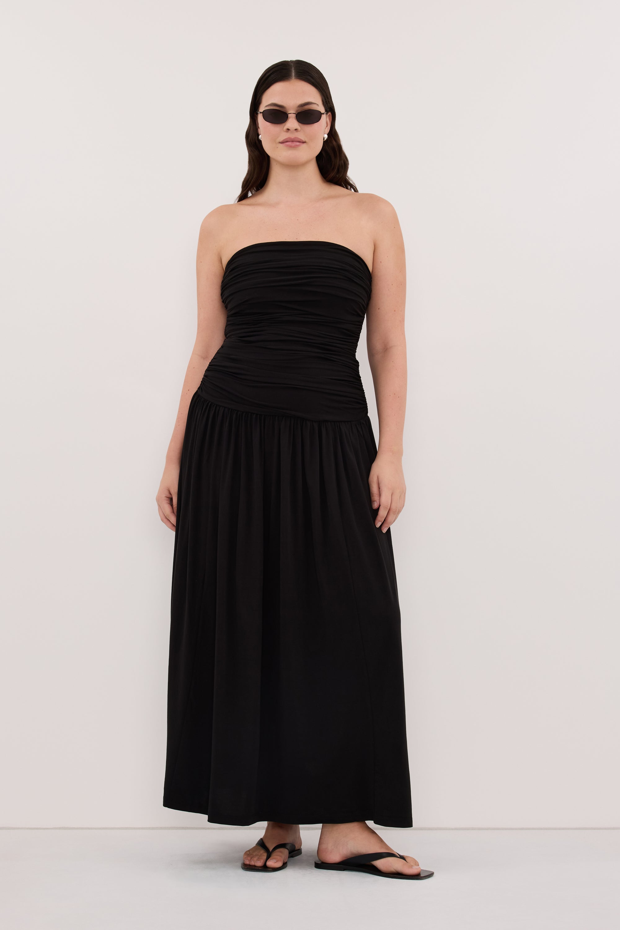 Shari Strapless Bandeau Midi Dress in Black By DISSH Shari Strapless Bandeau Midi Dress in Black By DISSH