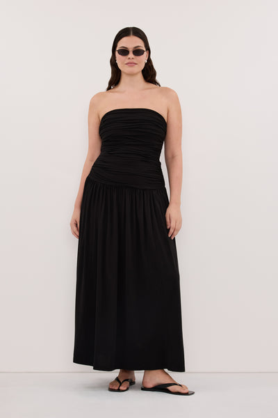 Jasmine wearing SHARI BLACK STRAPLESS BANDEAU MIDI DRESS