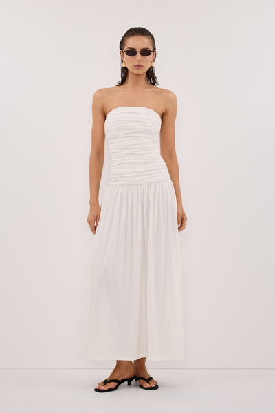 Stas wearing SHARI OFF WHITE STRAPLESS BANDEAU MIDI DRESS