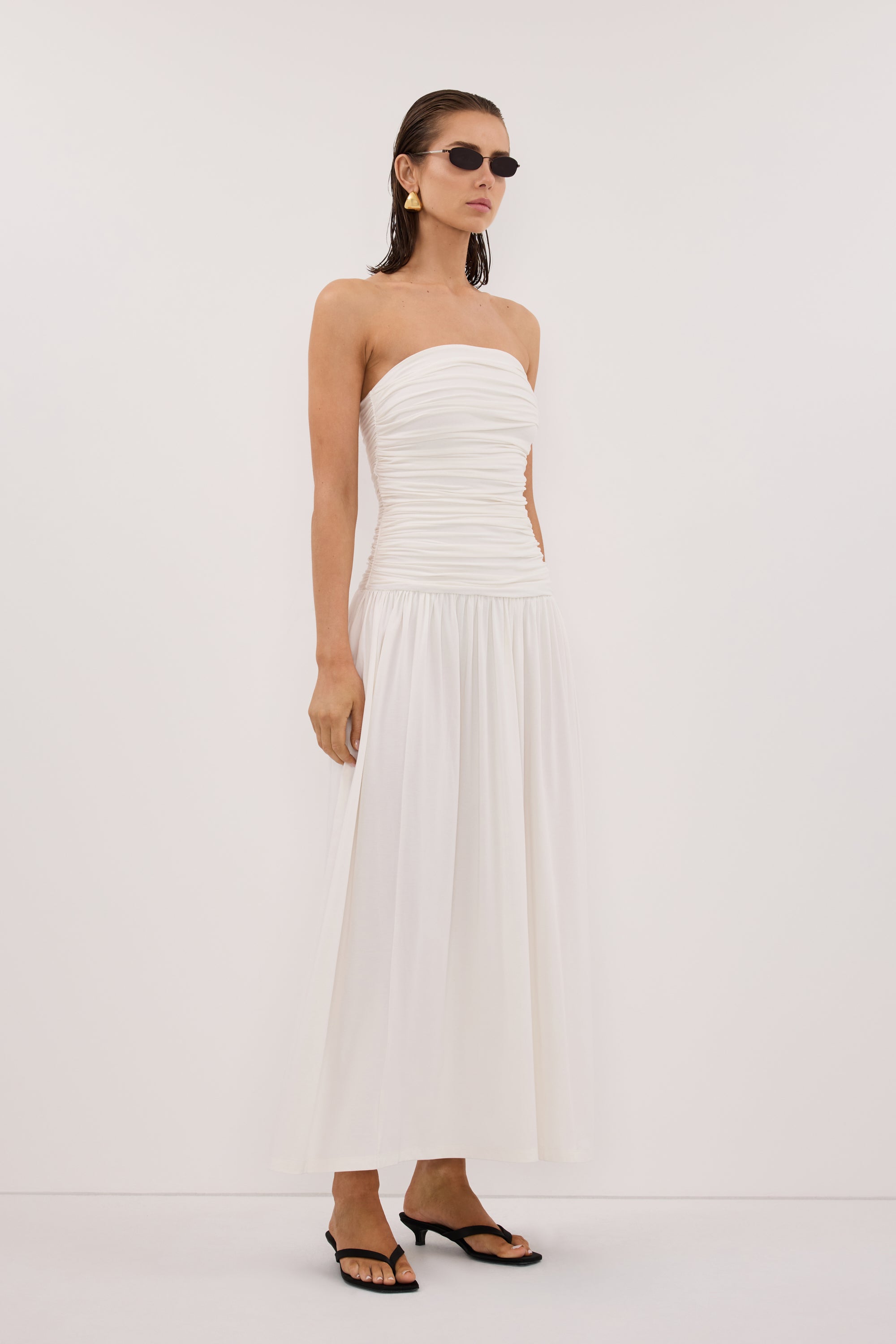 Shari Strapless Bandeau Midi Dress in Off White by Dissh