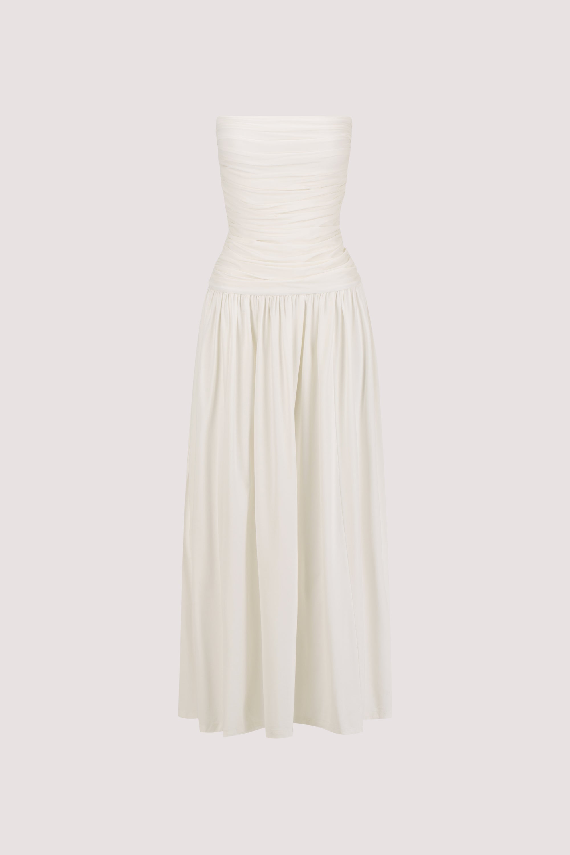 Shari Strapless Bandeau Midi Dress in Off White By DISSH Shari Strapless Bandeau Midi Dress in Off White By DISSH