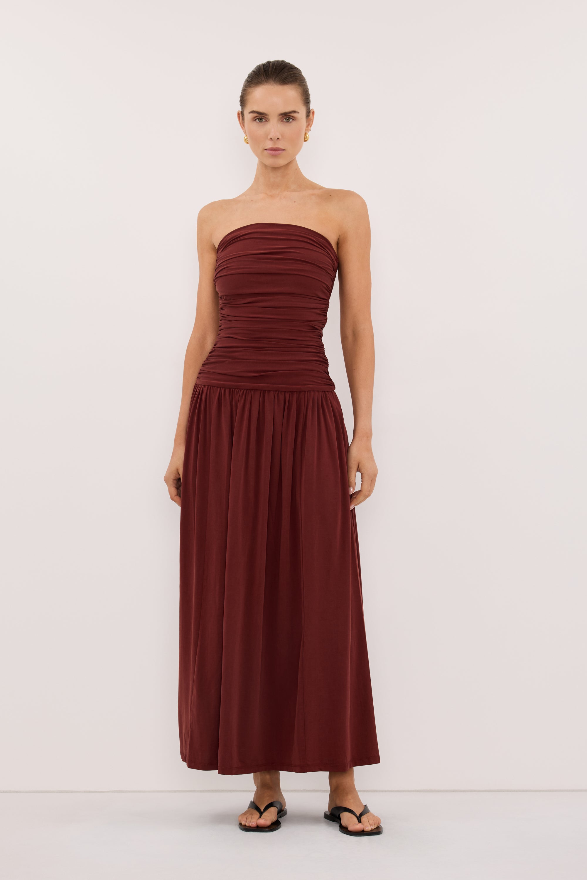 Shari Strapless Bandeau Midi Dress in Sahara Red By DISSH