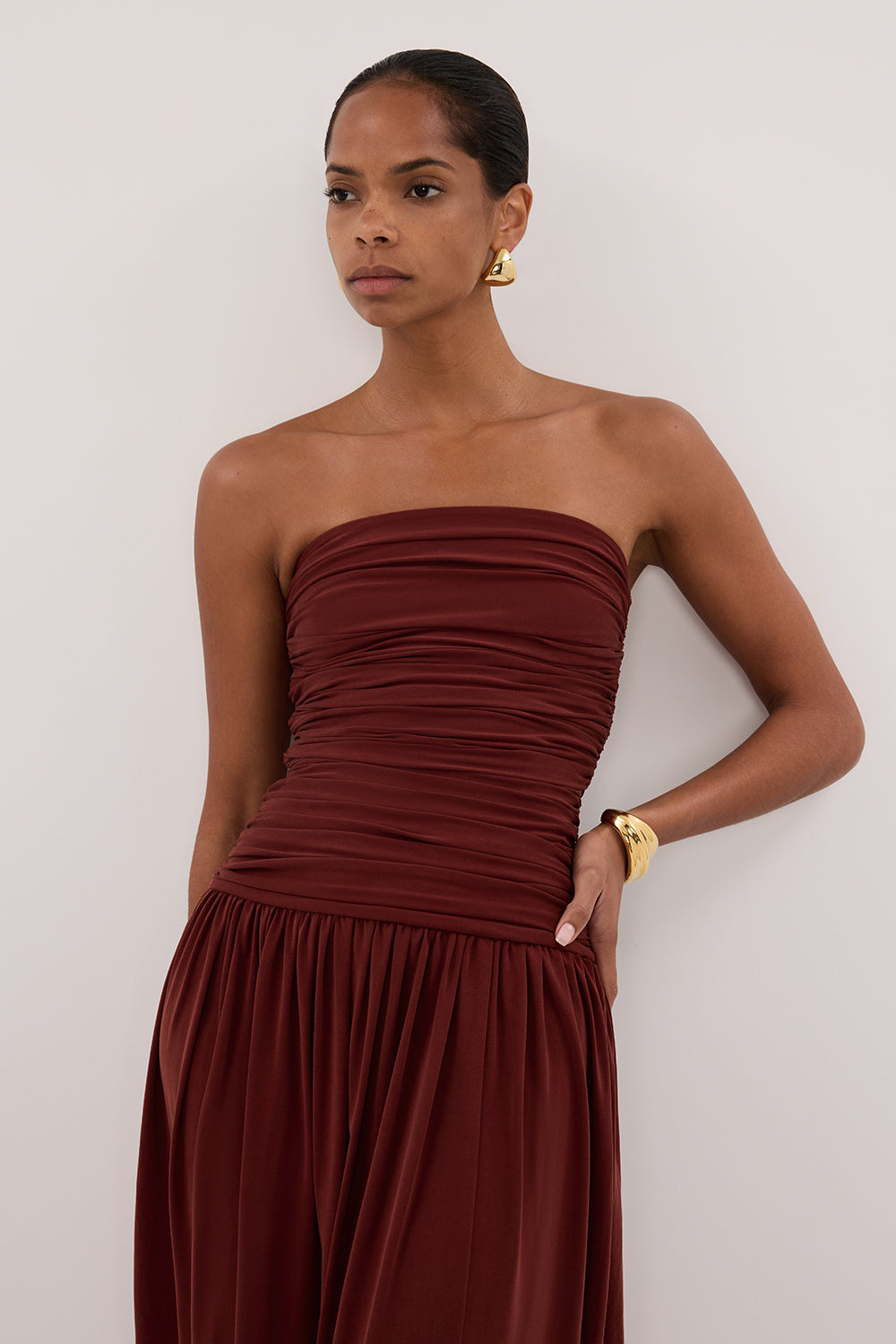 SHARI SAHARA STRAPLESS BANDEAU MIDI DRESS