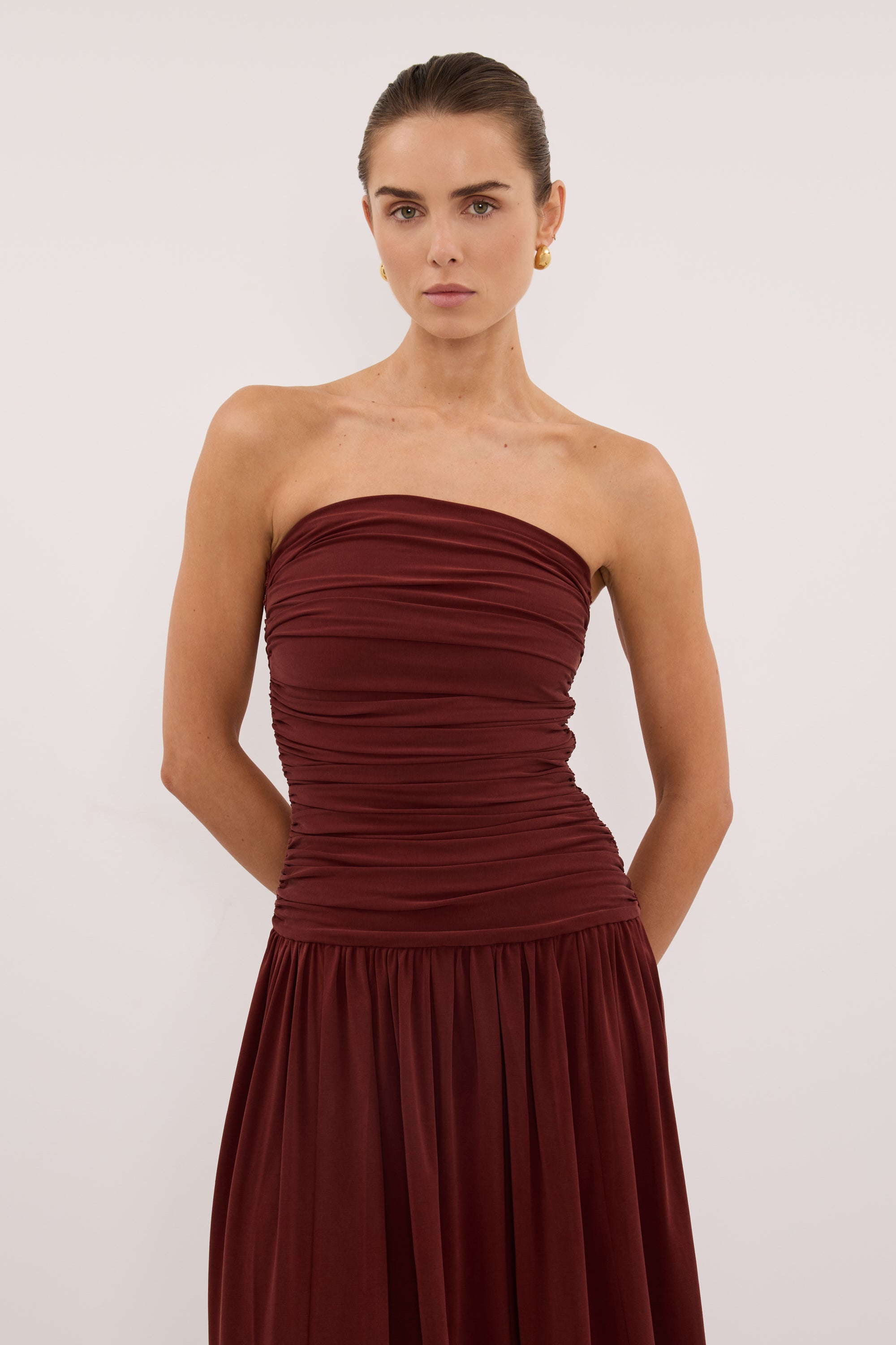 SHARI SAHARA STRAPLESS BANDEAU MIDI DRESS