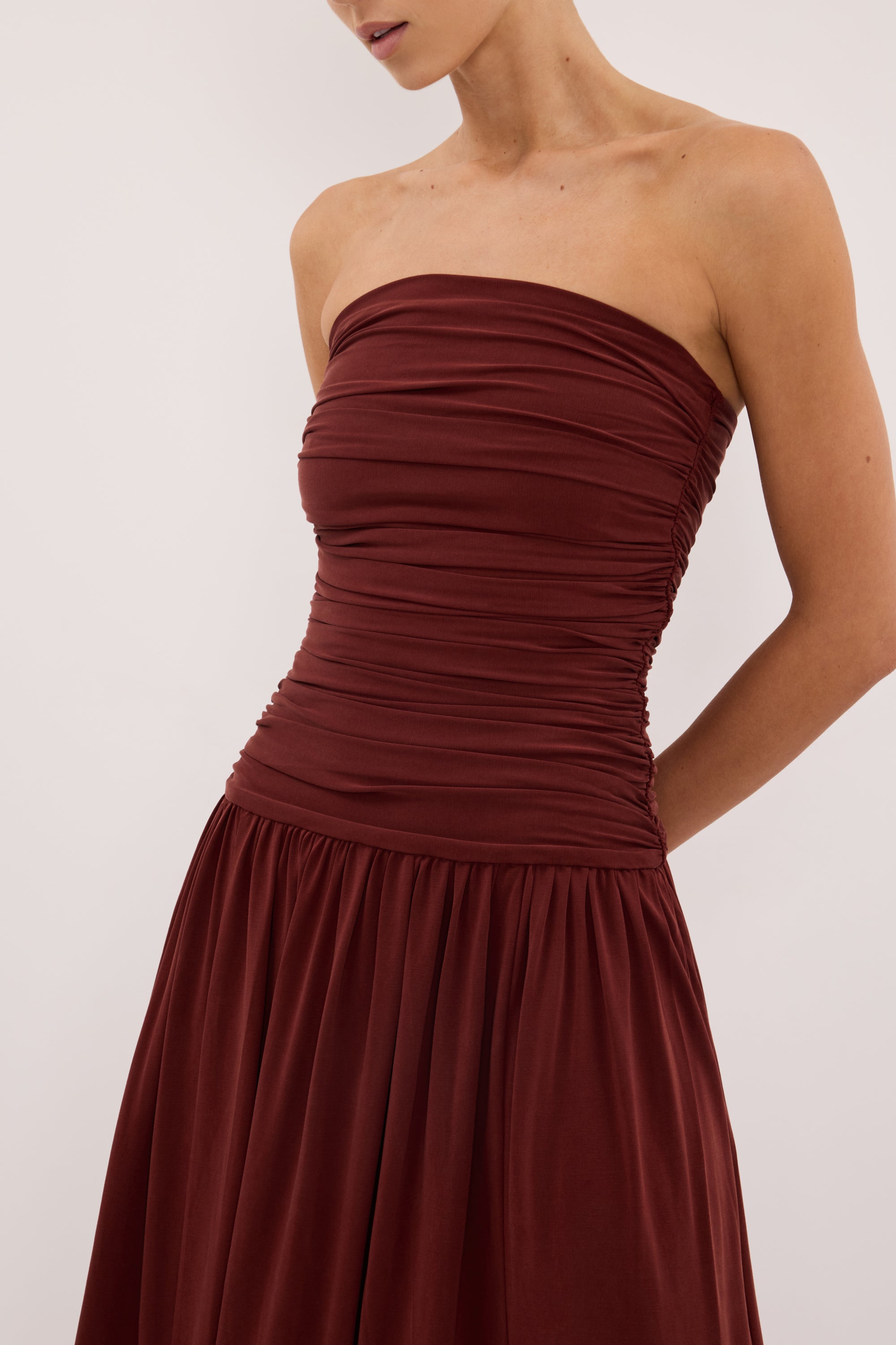 Shari Strapless Bandeau Midi Dress in Sahara Red By DISSH Shari Strapless Bandeau Midi Dress in Sahara Red By DISSH