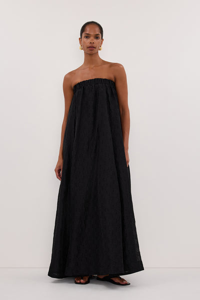 Kristen wearing ELBA BLACK SHEER STRAPLESS DRESS