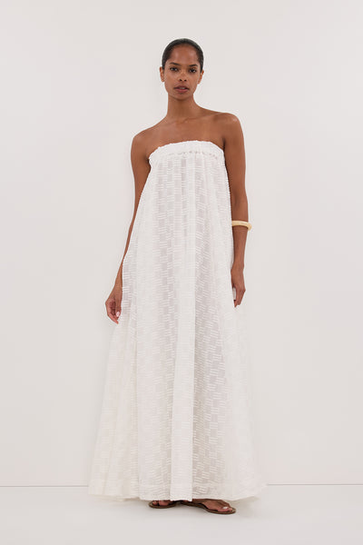 Kristen wearing ELBA WHITE SHEER STRAPLESS DRESS