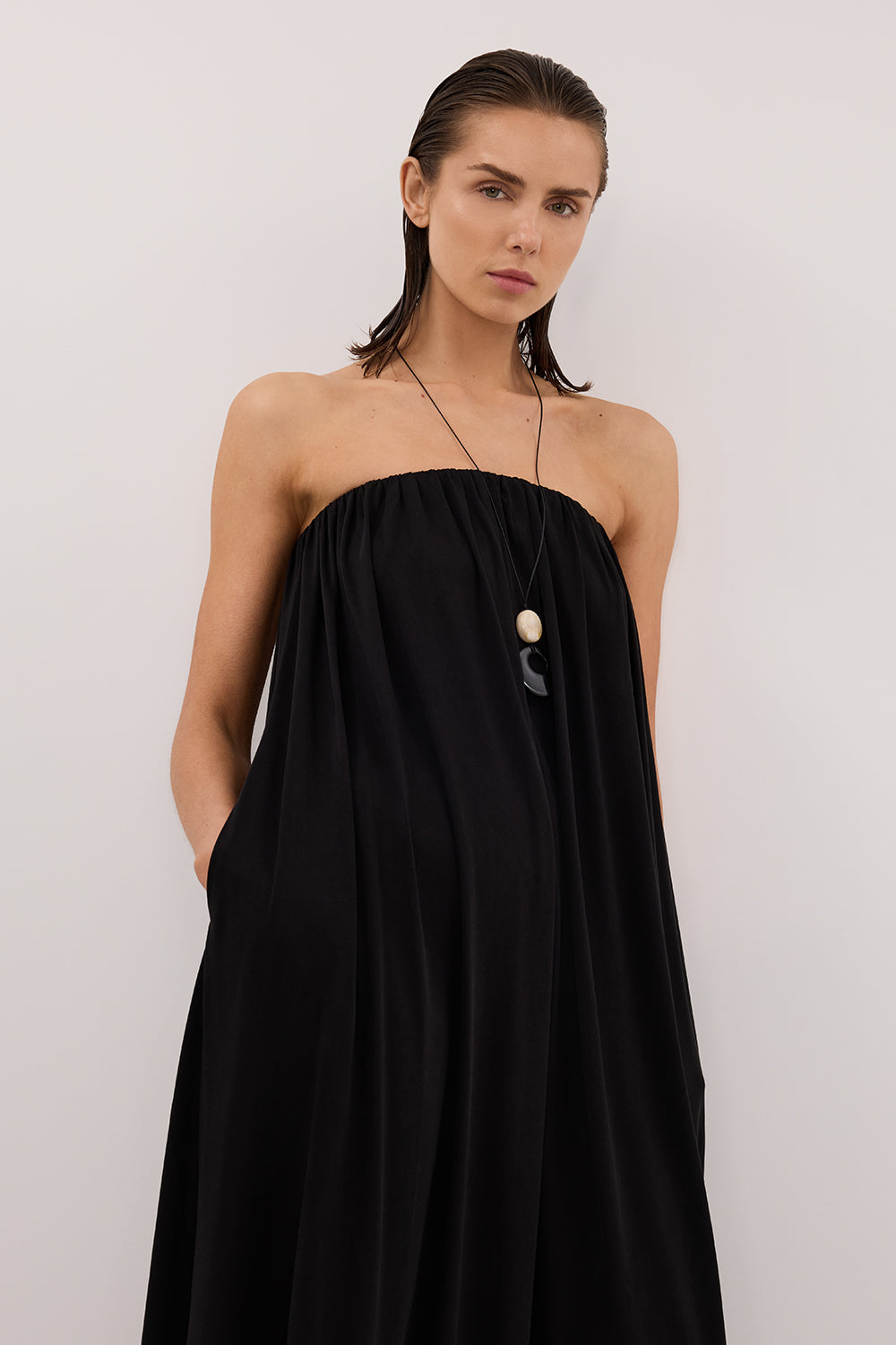 dissh black dress Ava Strapeless Midi Dress in Black By DISSH